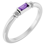 14K Gold Straight Baguette Lab-Grown Purple Sapphire Accented Stackable Ring - White Gold