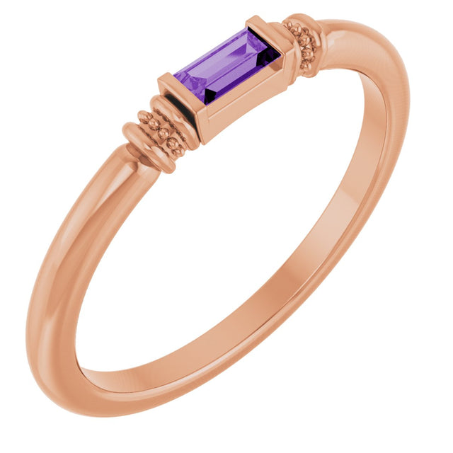 14K Gold Straight Baguette Lab-Grown Purple Sapphire Accented Stackable Ring - Rose Gold