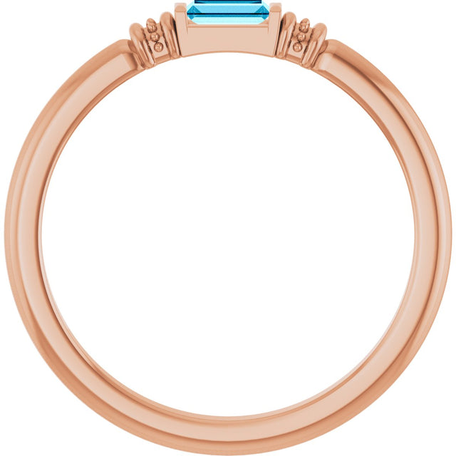 14K Gold Straight Baguette Lab-Grown Aqua Sapphire Accented Stackable Ring - Rose Gold - view 2