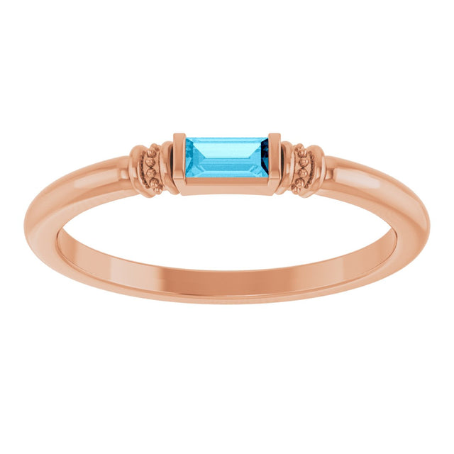 14K Gold Straight Baguette Lab-Grown Aqua Sapphire Accented Stackable Ring - Rose Gold - view 3