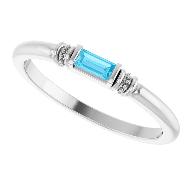 Platinum Straight Baguette Lab-Grown Aqua Sapphire Accented Stackable Ring - view 5