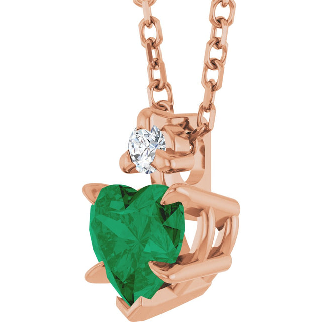 14K Gold Lab-Grown Emerald & Natural Diamond Accented Heart Necklace or Pendant - Rose Gold - view 2