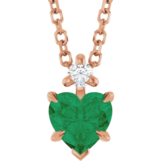 14K Gold Lab-Grown Emerald & Natural Diamond Accented Heart Necklace or Pendant - Rose Gold