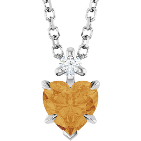 14K Gold Natural Citrine & Natural Diamond Accented Heart Necklace or Pendant - White Gold