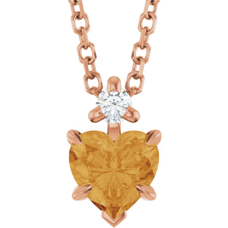 14K Gold Natural Citrine & Natural Diamond Accented Heart Necklace or Pendant - Rose Gold