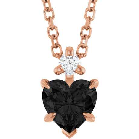 14K Gold Natural Black Onyx & Natural Diamond Accented Heart Necklace or Pendant - Rose Gold
