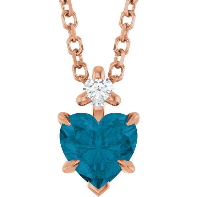 14K Gold Natural London Blue Topaz & Natural Diamond Accented Heart Necklace or Pendant – 0.03 CTW - Rose Gold