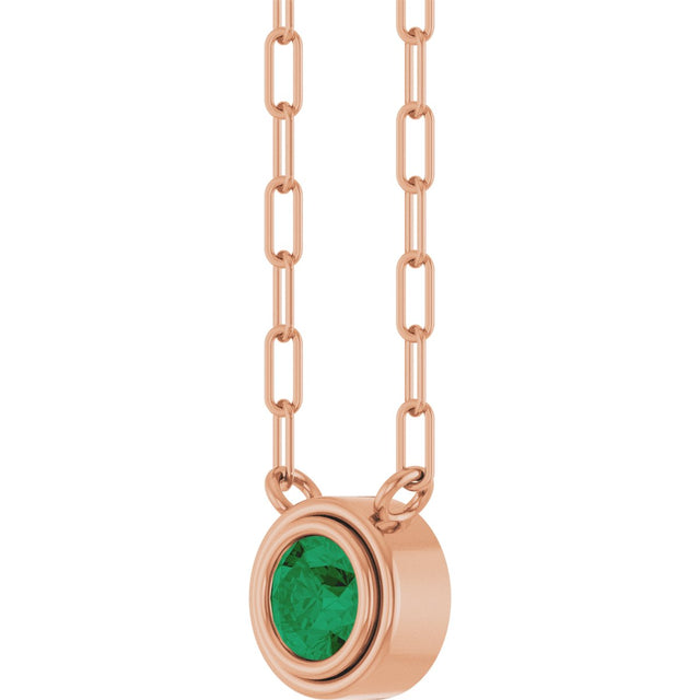 14K Gold Natural Emerald Round Bezel-Set Necklace - Rose Gold - view 2