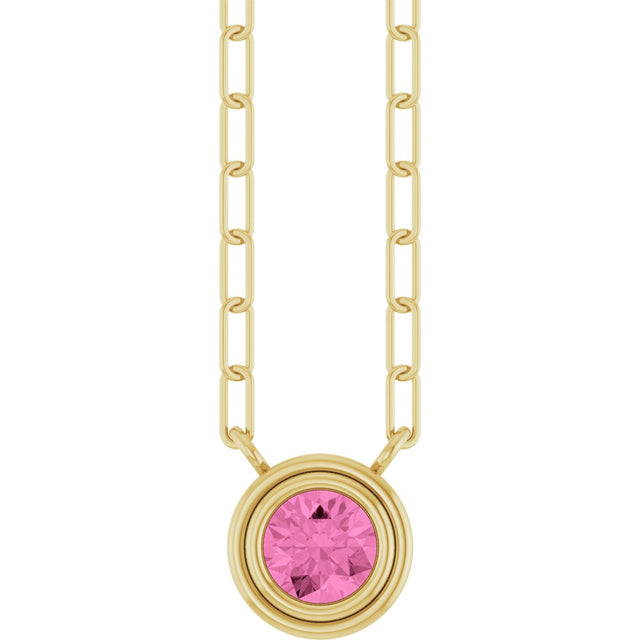 14K Gold Natural Pink Sapphire Round Bezel-Set Necklace - Yellow Gold