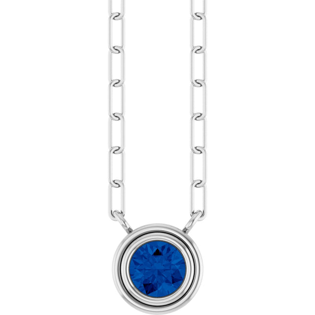 14K Gold Lab-Grown Blue Sapphire Round Bezel-Set Necklace - White Gold