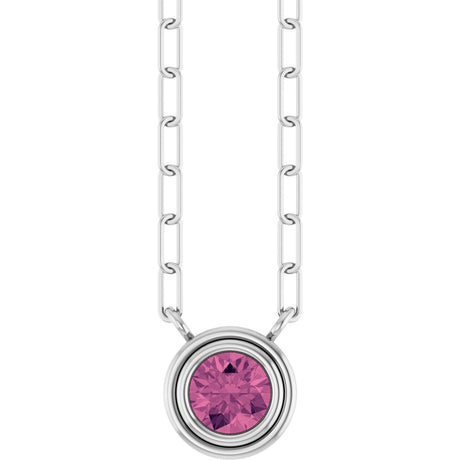 14K Gold Natural Pink Tourmaline Round Bezel-Set Necklace - White Gold