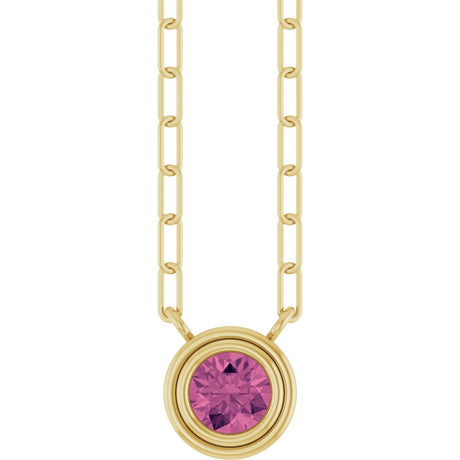 14K Gold Natural Pink Tourmaline Round Bezel-Set Necklace - Yellow Gold
