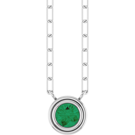 14K Gold Natural Emerald Round Bezel-Set Necklace - White Gold