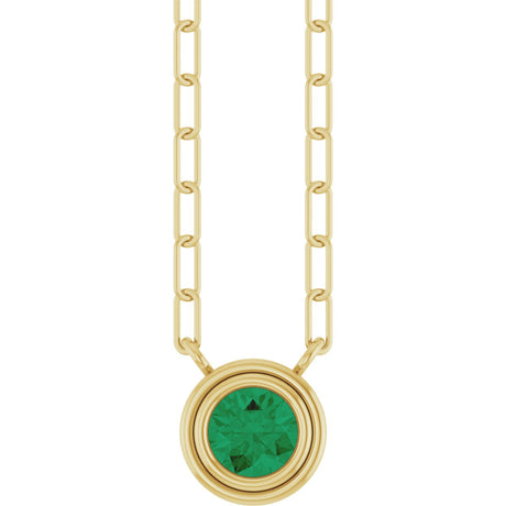 14K Gold Natural Emerald Round Bezel-Set Necklace - Yellow Gold