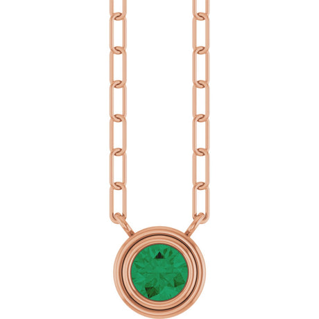 14K Gold Natural Emerald Round Bezel-Set Necklace - Rose Gold