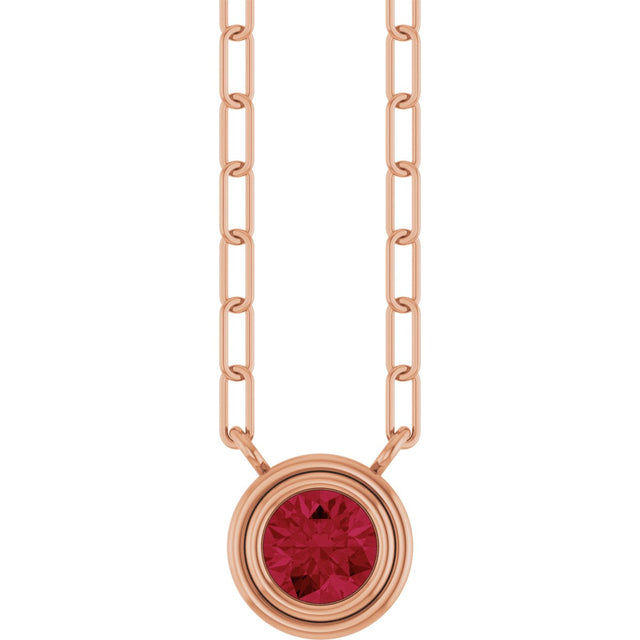 14K Gold Lab-Grown Ruby Round Bezel-Set Necklace - Rose Gold