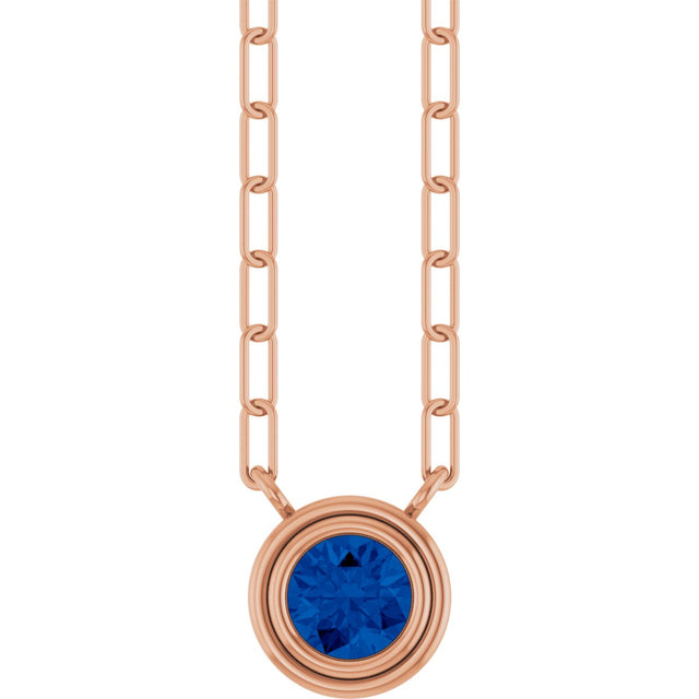 14K Gold Natural Blue Sapphire Round Bezel-Set Necklace - Rose Gold