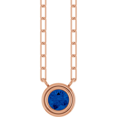 14K Gold Lab-Grown Blue Sapphire Round Bezel-Set Necklace - Rose Gold
