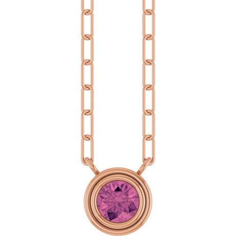 14K Gold Natural Pink Tourmaline Round Bezel-Set Necklace - Rose Gold
