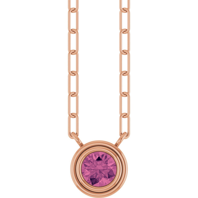 14K Gold Natural Pink Tourmaline Round Bezel-Set Necklace - Rose Gold