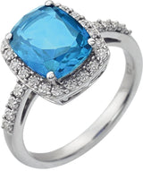 14K Gold Elongated Cushion Natural Swiss Blue Topaz & Natural Diamond Halo-Style Ring