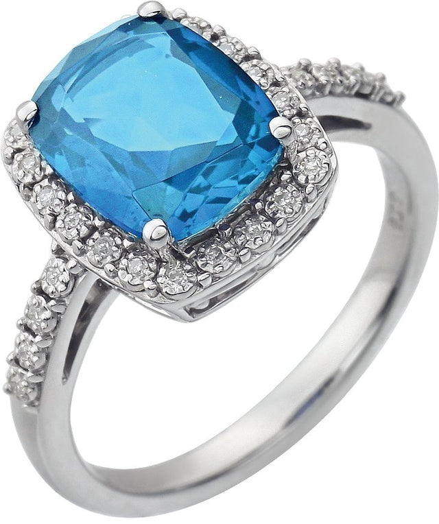 14K Gold Elongated Cushion Natural Swiss Blue Topaz & Natural Diamond Halo-Style Ring