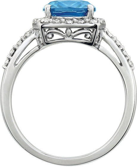 14K Gold Elongated Cushion Natural Swiss Blue Topaz & Natural Diamond Halo-Style Ring - view 2