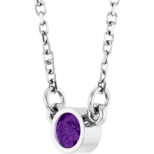 Platinum Round Natural Amethyst Bezel-Set Solitaire Birthstone Necklace - view 10