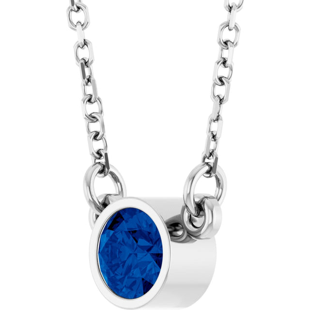 Platinum Round Natural Blue Sapphire Bezel-Set Solitaire Birthstone Necklace II - view 12