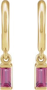 14K Gold Straight Baguette Natural Pink Tourmaline Accented Hoop Earrings – 4x2mm - Yellow Gold - view 2