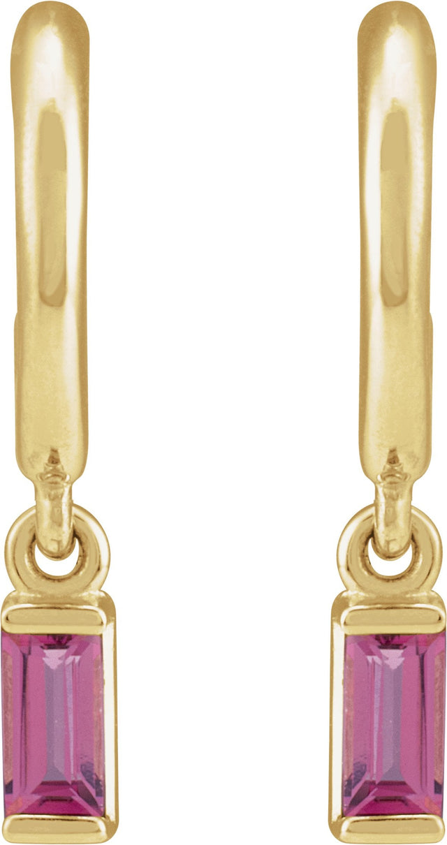 14K Gold Straight Baguette Natural Pink Tourmaline Accented Hoop Earrings – 4x2mm - Yellow Gold - view 2