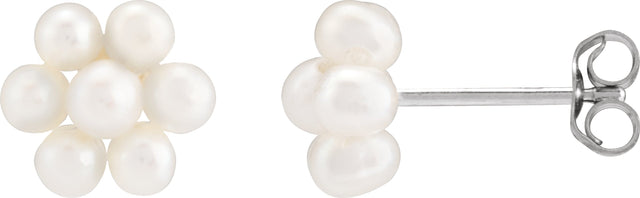 14K Gold Cultured White Freshwater Pearl Floral Pearl Earrings