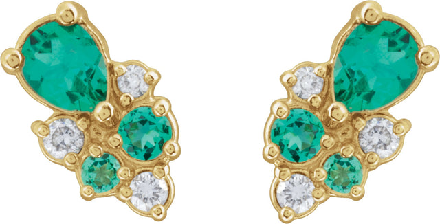 14K Gold Pear Lab-Grown Emerald & Lab-Grown Diamond Cluster Earrings - Yellow Gold - view 2