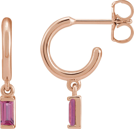 14K Gold Straight Baguette Natural Pink Tourmaline Accented Hoop Earrings – 4x2mm - Rose Gold