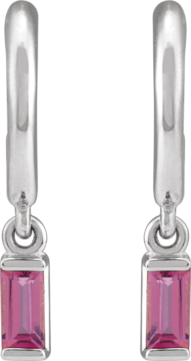 14K Gold Straight Baguette Natural Pink Tourmaline Accented Hoop Earrings – 4x2mm - White Gold - view 2