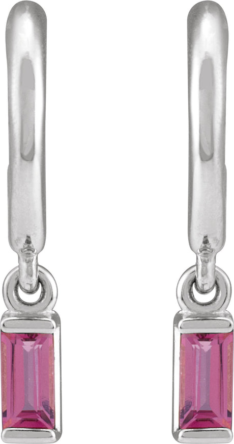 Platinum Straight Baguette Natural Pink Tourmaline Accented Hoop Earrings – 4x2mm - view 2