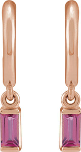 14K Gold Straight Baguette Natural Pink Tourmaline Accented Hoop Earrings – 4x2mm - Rose Gold - view 2