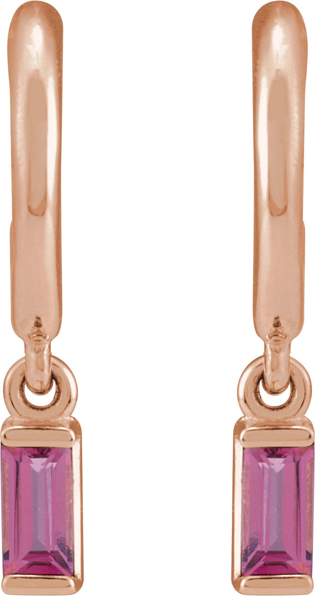 14K Gold Straight Baguette Natural Pink Tourmaline Accented Hoop Earrings – 4x2mm - Rose Gold - view 2