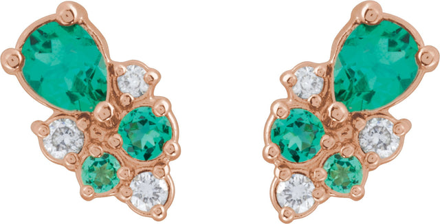 14K Gold Pear Lab-Grown Emerald & Lab-Grown Diamond Cluster Earrings - Rose Gold - view 2