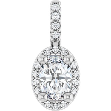 14K Gold Oval Lab-Grown Moissanite & Natural Diamond Halo-Style Pendant - White Gold