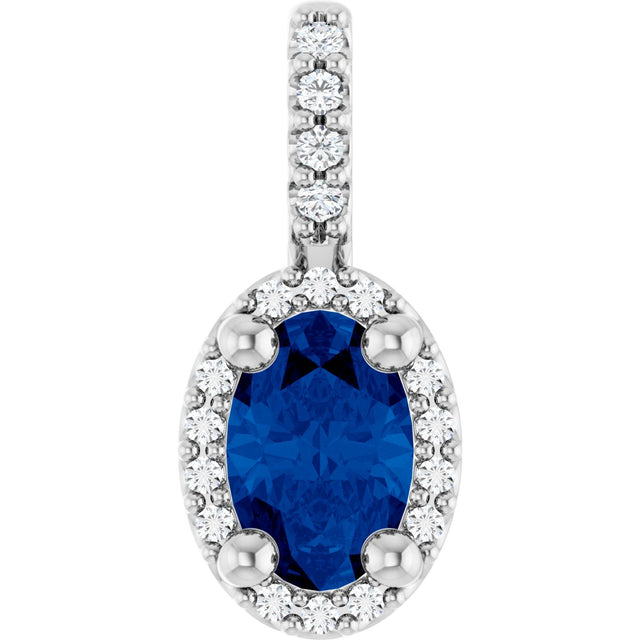 14K Gold Oval Lab-Grown Blue Sapphire & Natural Diamond Halo-Style Pendant – 5x3mm - White Gold