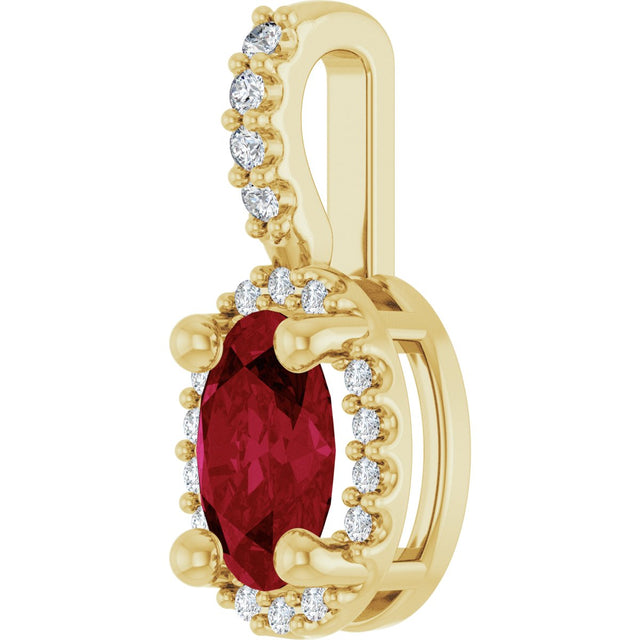 14K Gold Oval Lab-Grown Ruby & Natural Diamond Halo-Style Pendant - Yellow Gold - view 2