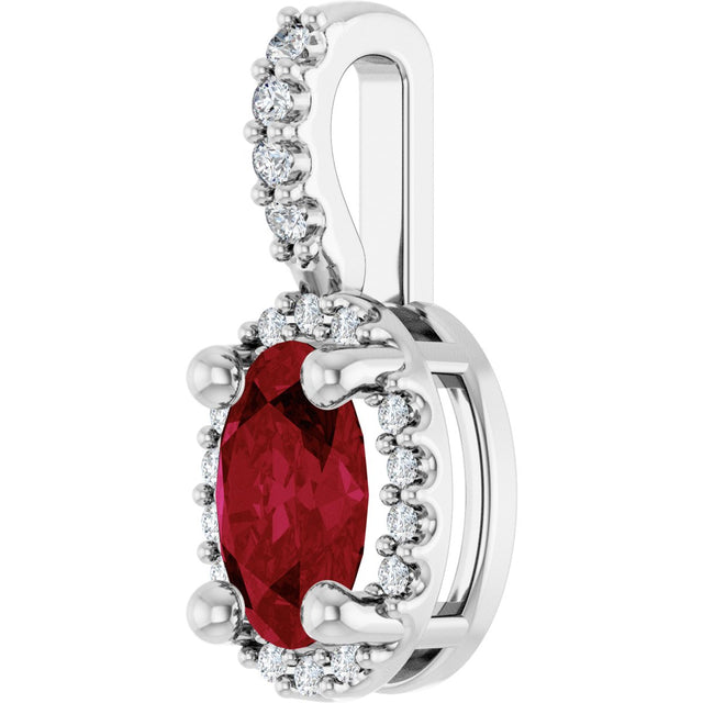 14K Gold Oval Lab-Grown Ruby & Natural Diamond Halo-Style Pendant - White Gold - view 2