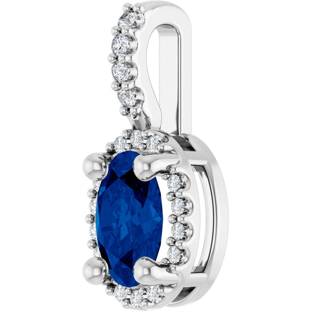 Platinum Oval Lab-Grown Blue Sapphire & Natural Diamond Halo-Style Pendant – 5x3mm - view 2