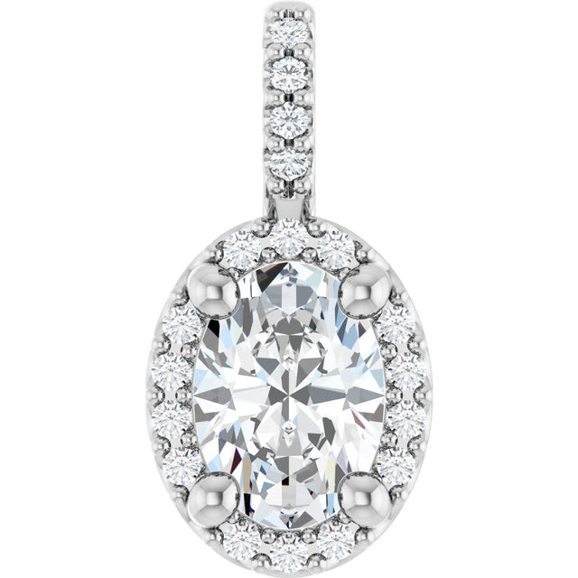 14K Gold Oval Lab-Grown Moissanite & Natural Diamond Halo-Style Pendant - White Gold