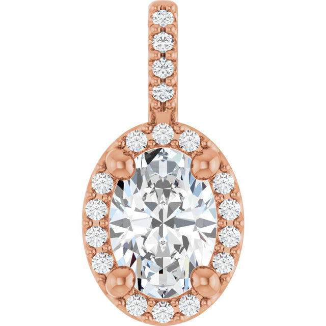 14K Gold Oval Lab-Grown Moissanite & Natural Diamond Halo-Style Pendant - Rose Gold