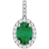 14K Gold Oval Lab-Grown Emerald & Natural Diamond Halo-Style Pendant - White Gold