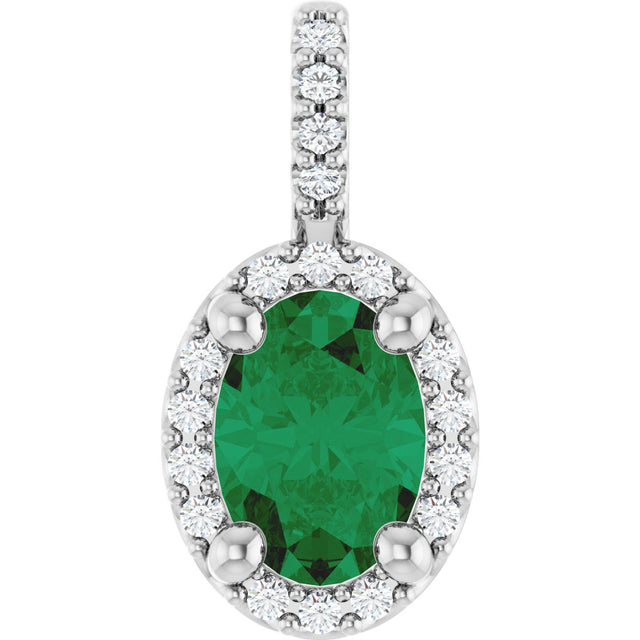 14K Gold Oval Lab-Grown Emerald & Natural Diamond Halo-Style Pendant - White Gold