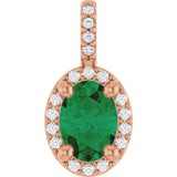 14K Gold Oval Lab-Grown Emerald & Natural Diamond Halo-Style Pendant - Rose Gold