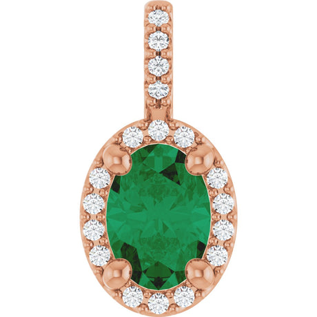 14K Gold Oval Lab-Grown Emerald & Natural Diamond Halo-Style Pendant - Rose Gold